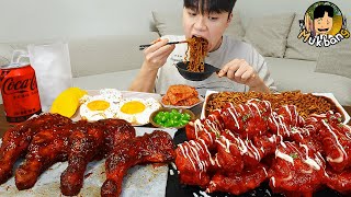 ASMR MUKBANG 슈프림 양념 치킨먹방 BBQ 자메이카 통다리 짜파게티 먹방 amp 레시피 FRIED CHICKEN EATING SOUND [upl. by Hgielra]