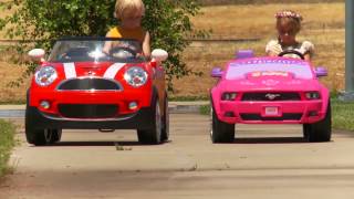 Kids Ride On Power Wheels Car Race  Mini Cooper vs Disney Mustang [upl. by Ellenuahs]