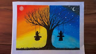 Day and night secnery painting Easy oil pastel painting for beginner [upl. by Lull]