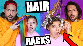 JE TESTE DES HAIR HACKS TIKTOK AVEC MA NIÈCE  la coloration arcenciel était de trop 😱 😂  HUBY [upl. by Einner]