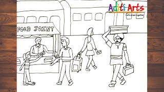 Railway Station Memory Drawing  Train station Drawing  Railway Station Drawing [upl. by Eslud529]