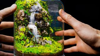 Flowing Waterfalls in a Small Jar Moss Terrarium Build [upl. by Healy]