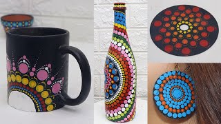 Dot mandala painting on 5 different surfaces bottlemugcd [upl. by Ayyn]