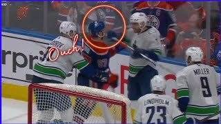 McDavid LEFT REELING 🤯😲 Carson Soucys SNEAKY Crosscheck Sparks OUTRAGE Oilers vs Canucks [upl. by Crim]