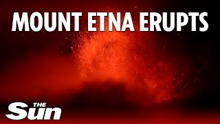 Mount Etna erupts in red hot explosion at night [upl. by Lunseth959]