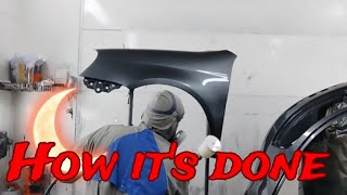 How to do it Auto repair Car Painting Tinsmith work Overflow Glasurit base Iwata WS400 [upl. by Nolahs]