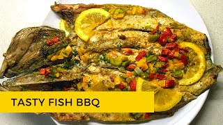 FISH RECIPE BBQ GRILLED SEA BASS  How To Braai a Whole fish  Fish BBQBraai Recipes [upl. by Tdnerb]