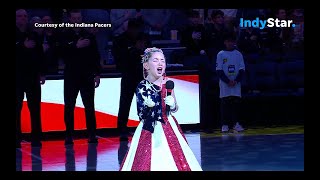 8yearold girl Kinsley Murray sings National Anthem at Indiana Pacers game in viral sensation [upl. by Reifinnej136]