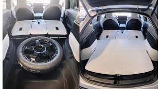 Fitting Modern Spare in Tesla Model Y sub trunk Floor Lays flat Making it perfect for car camping [upl. by Freyah571]