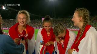 EM München 2022  ORF Interview 4x400m Niederlande  Femke Bol Lieke Klaver de Witte Saalberg [upl. by Ihcalam587]