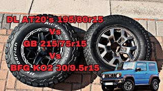 Comparing different tyres for the Jimny gen4 Jb74 the weight of those tyres At20’s vs Ko2’s vs At3s [upl. by Anallise408]