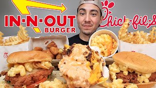 MUKBANG EATING INNOUT ANIMAL STYLE FRIES CHICKFILA SPICY CHICKEN SANDWICH MAC amp CHEESE FRIES [upl. by Edmead]