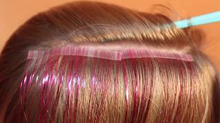 Tutorial how to put in Tapein Hair Tinsel Extension  Metallic Highlights by FunHairShop online [upl. by Rehpotsihc]