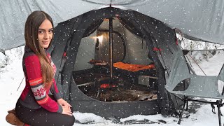 Winter Camp in Hot Tent overnight  Solo camping in a blizzard woods  ASMR [upl. by Latimore]