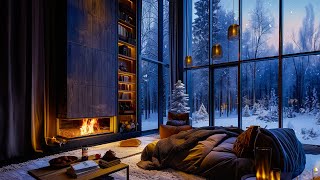 Smooth Jazz Playing Slowly in Cozy Luxury Room Ambience  Relaxing Snow amp Fireplace Sound [upl. by Ahsikat638]