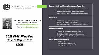 2022 FBAR Filing Due Date to Report 2021 FBAR FinCEN Form 114  Golding amp Golding [upl. by Jo]