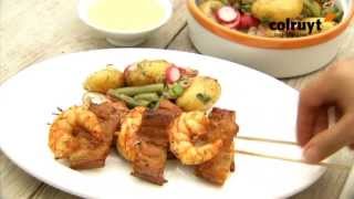 Brochette van scampi en barbecuespek met aardappelsalade [upl. by Yrreb]