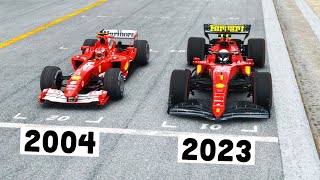 Ferrari F1 2023 vs Ferrari F1 2004 Schumacher  Imola GP [upl. by Hannazus507]