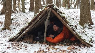 Making a primitive shelter in the snow plus bacon [upl. by Coco]