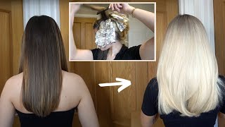 BLEACHING MY HAIR BROWN TO BLONDE at home EXTREME transformation [upl. by Ardra]