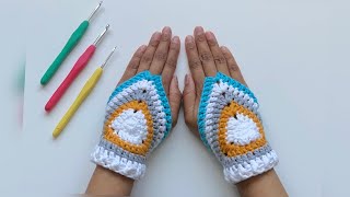 Crochet  Traditional Granny Triangle Fingerless and Palm less Hand Gloves [upl. by Yelyr]