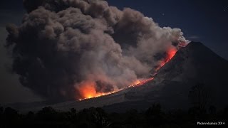 Pyroclastic flows and close up of collapsing lava lobe at night Sinabung Volcano Indonesia [upl. by Etat]