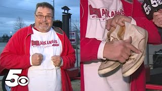 Excited Arkansas baseball fan shows off his quotopening dayquot shoes [upl. by Terri]