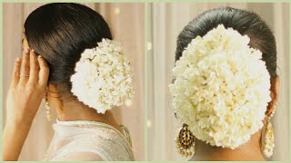 Traditional Bun Hairstyle for saree  hairstyle with Jasmine flower  Hairstyle for medium hair [upl. by Michaeu]