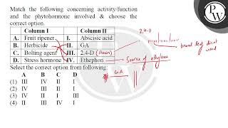 Match the following concerning activityfunction and the phytohormone involved \amp choose the cor [upl. by Paver576]