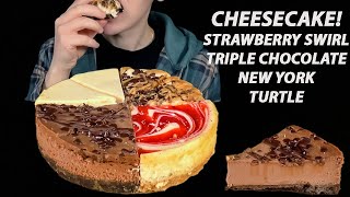 ASMR Cheesecake Sampler Mukbang Triple Chocolate Caramel Turtle Strawberry New York Cheesecake [upl. by Vedis]