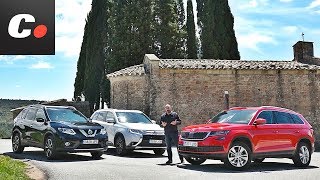 Skoda Kodiaq Mitsubishi Outlander Nissan XTrail  Comparativa SUV 7 plazas  Prueba  Cochesnet [upl. by Ymaral]