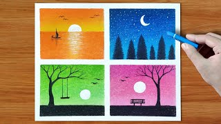 Beautiful 4 Different Scenery Drawing  Easy Oil Pastel Drawing  Step by step [upl. by Mufi]