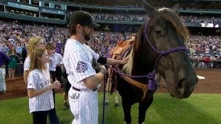 Todd Helton catches daughters first pitch receives horse in last home game [upl. by Llenrad]