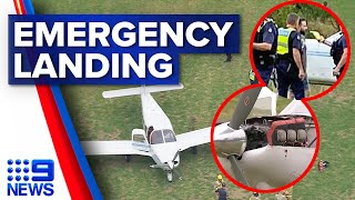 Light plane makes dramatic emergency landing in busy park  9 News Australia [upl. by Leal]