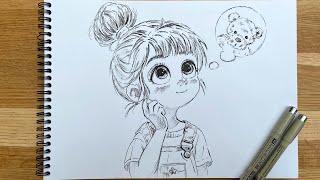 Drawing A Little Girl Dreaming of Toy Bear  Easy Face Drawing amp Beginner Friendly [upl. by Analim979]