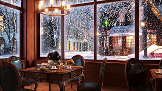 Snow Night on Window at Coffee Shop Ambience with Relaxing Smooth Jazz Music and Snow Falling [upl. by Cadal463]