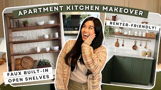 RENTAL KITCHEN MAKEOVER TRANSITIONAL STYLE  DIY OPEN SHELF W HANGING RAIL [upl. by Jauch]