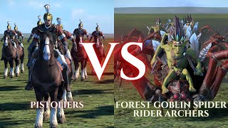 WARHAMMER III Total War  Pistoliers VS Forest Goblin Spider Rider Archers [upl. by Eelirrem]