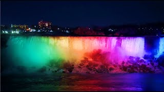 NIAGARA FALLS at Night Illumination Light Show  Niagara Falls New York and Niagara Falls Canada 4K [upl. by Gorges]