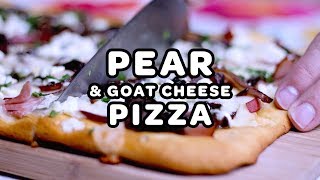 Pear and goat cheese pizza with caramelized onions and ham  Thanksgiving app or football party app [upl. by Jordain]