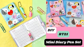 DIY BT21 Mini Diary Pen Set  How to Make Cute BT21 BTS Mini Notebook  School SuppliesPaper Craft [upl. by Khai]