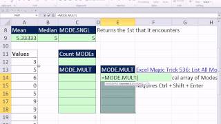 Excel Magic Trick 761 Formula Displaying Multiple Modes amp Counting Modes Excel 2010 MODEMULT [upl. by Dang131]