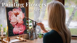 How To Paint Flowers In Acrylic  Peony Painting Timelapse Tutorial [upl. by Nye753]