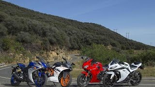 SMALL SPORTBIKE SHOOTOUT  RC390 vs YZFR3 vs CBR300R vs Ninja 300  ON TWO WHEELS [upl. by Xenophon]