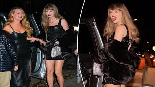 Taylor Swift shows off toned legs in skyhigh heels and sparkly black mini dress for 34th birthday [upl. by Andria625]