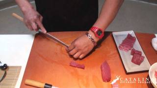 Sushi Tutorial How to cut and prepare Fresh Yellowfin Ahi Tuna Maguro [upl. by Elsie]