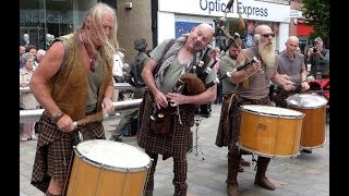 Amazing Bagpipes Kilts And Tribal Drums Music Medieval Fair Perth Perthshire Scotland [upl. by Schinica]