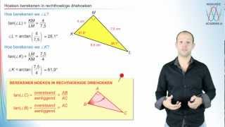 Tangens  hoeken berekenen in rechthoekige driehoeken  WiskundeAcademie [upl. by Elawalo]