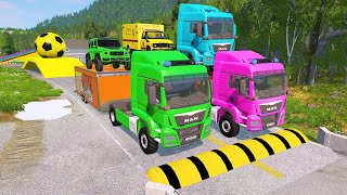 Double Flatbed Trailer Truck vs Speedbumps Train vs Cars  Tractor vs Train BeamngDrive 050 [upl. by Roxie107]