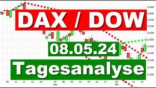 DAX DOW Jones Charttechnik ✯ Tagesausblick ✯ Chartanalyse für den 08052024 Aktien Prognose traden [upl. by Durkin]